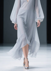 Light Grey Lace Solid Chiffon Maxi Dresses V Neck Spring 4