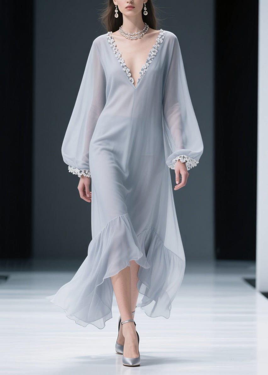 Light Grey Lace Solid Chiffon Maxi Dresses V Neck Spring 5