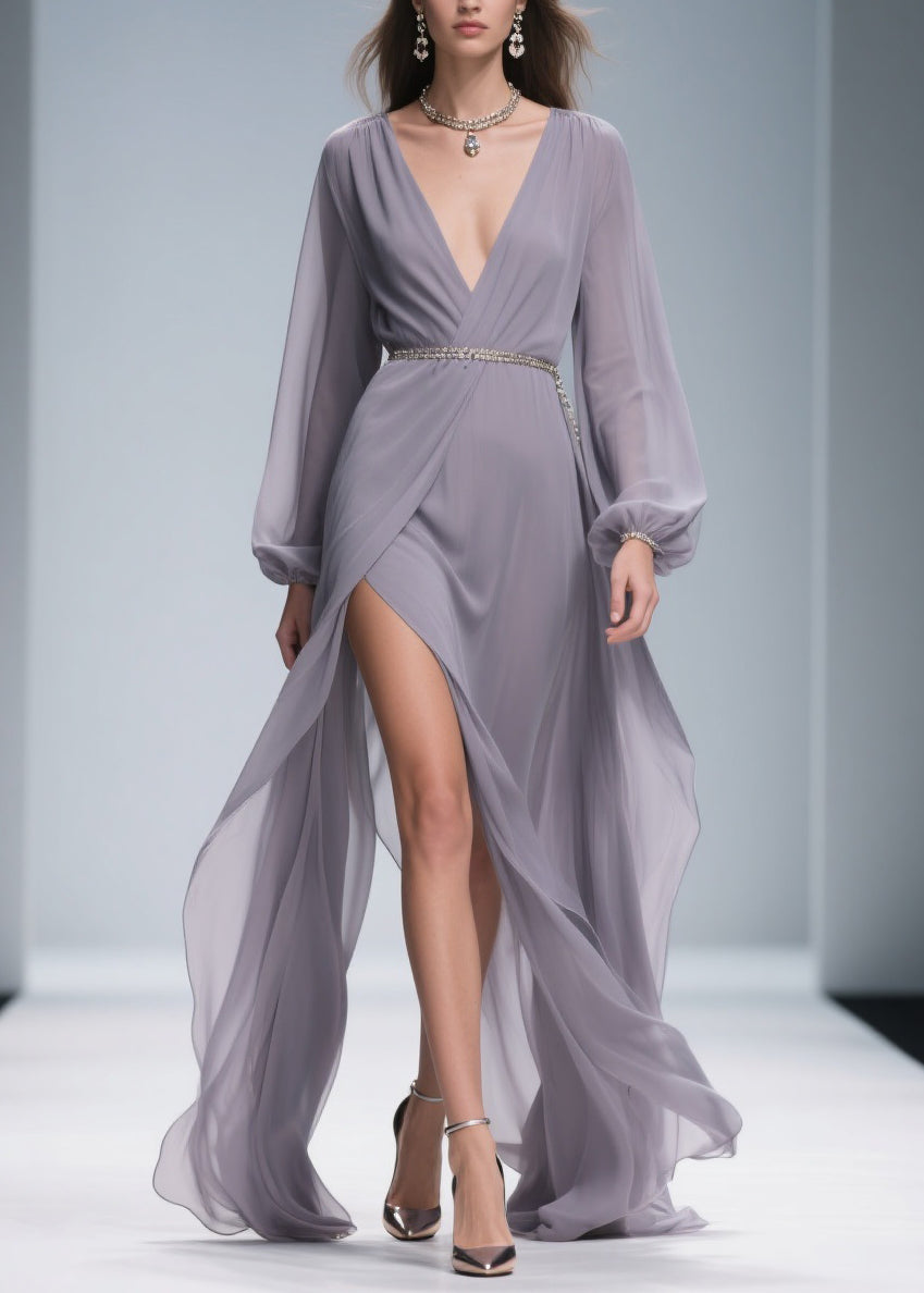 Chiffon Deep V-Neck Bishop Sleeve Metallic Belt Wrap High Split Maxi Gown