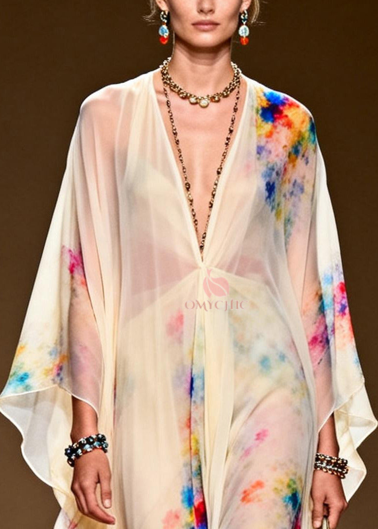 Tie Dye Deep V-Neck Kimono Sleeve High Split Sheer Chiffon Kaftan Maxi Gown