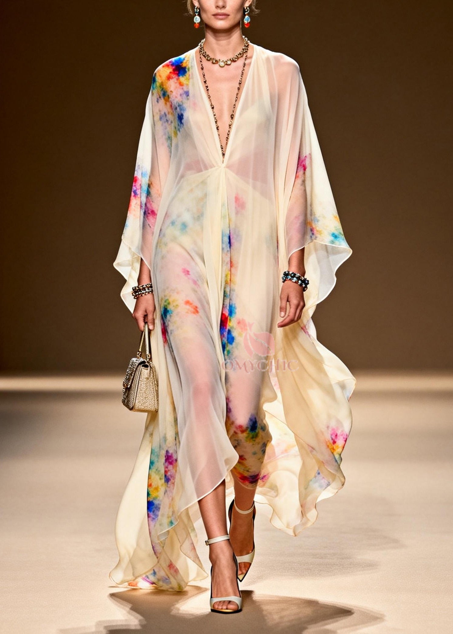 Tie Dye Deep V-Neck Kimono Sleeve High Split Sheer Chiffon Kaftan Maxi Gown