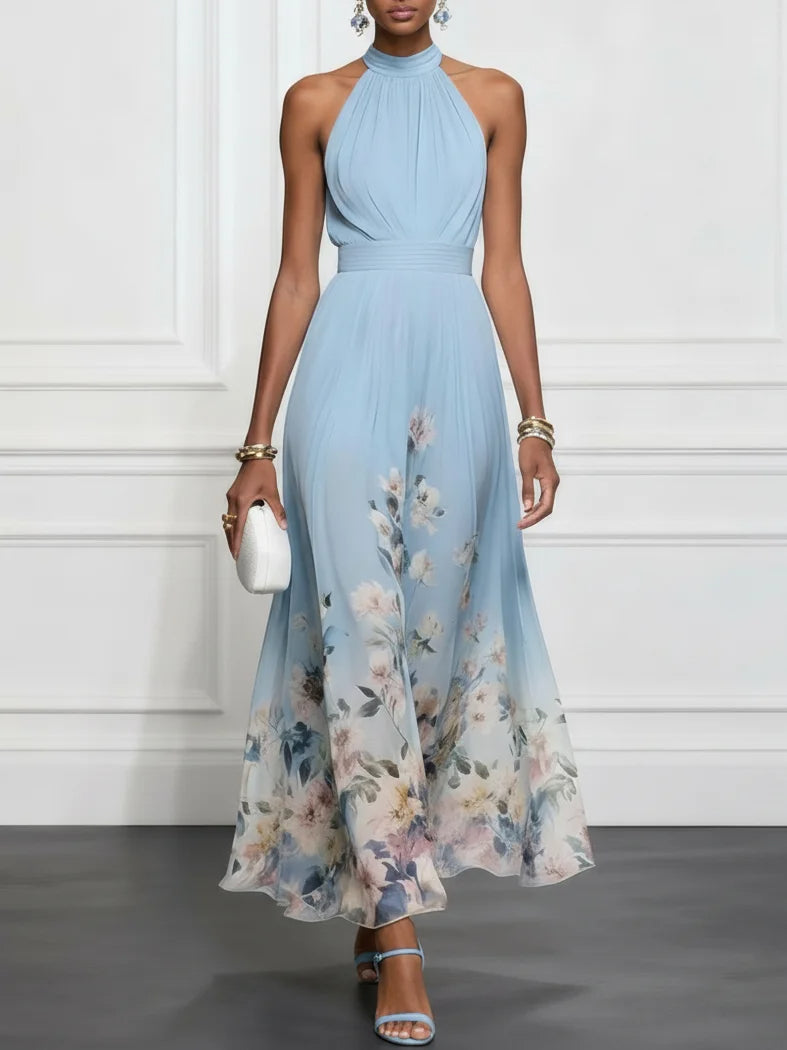 Floral Border Halter Neck Wide Leg Jumpsuit