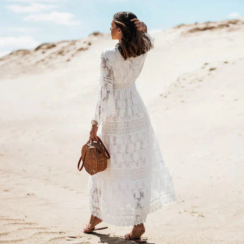 Lace Deep V-Neck Long Sleeve High Split Maxi Dress 3