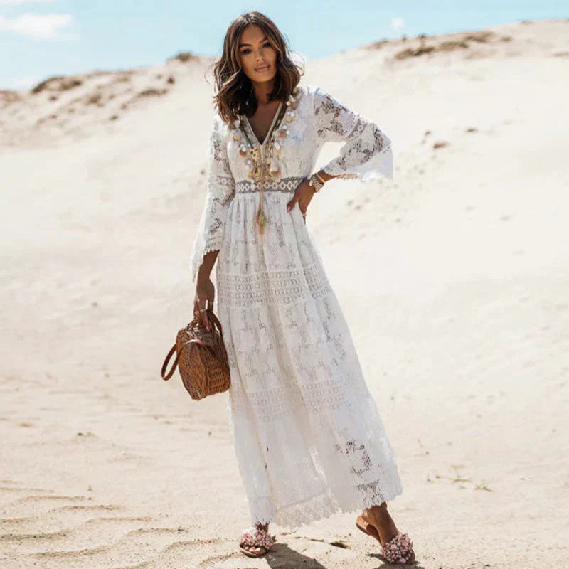 Lace Deep V-Neck Long Sleeve High Split Maxi Dress 4