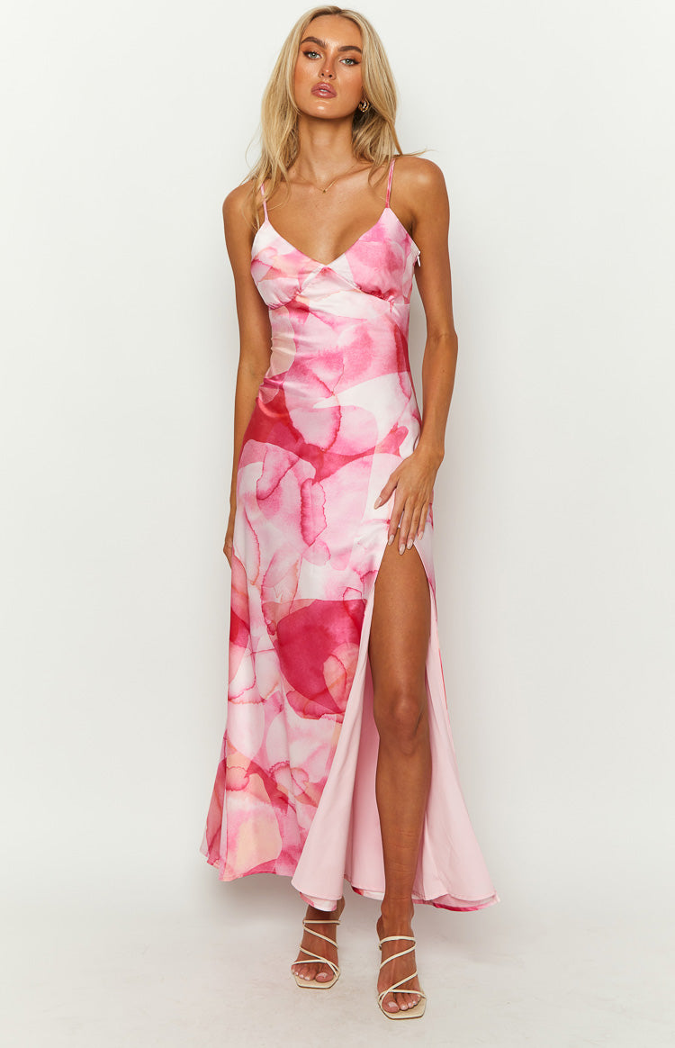 Watercolor Print Satin V-Neck High Split Slip Maxi Dress 2