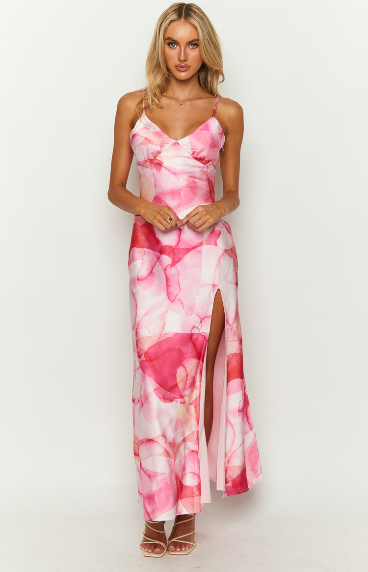 Watercolor Print Satin V-Neck High Split Slip Maxi Dress 3