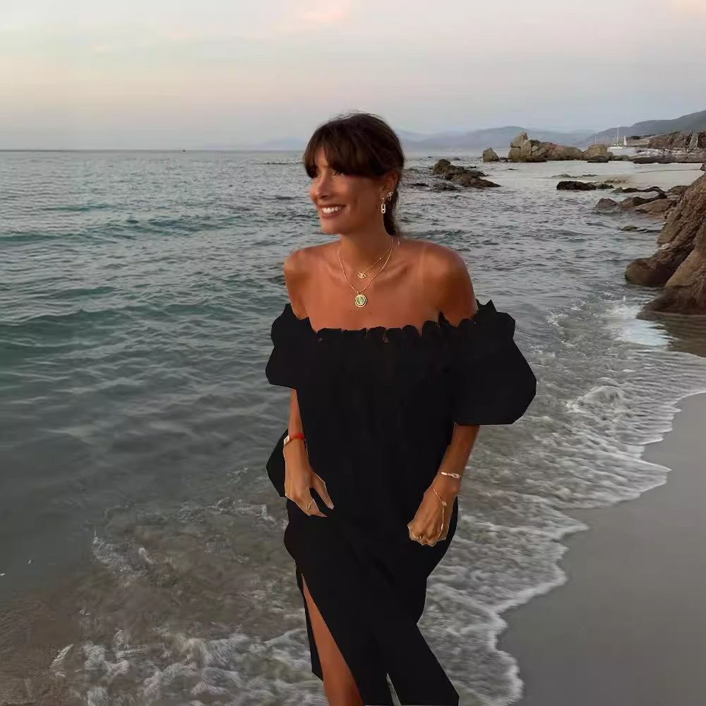 Off Shoulder Puff Sleeve High Split Maxi Dress 2