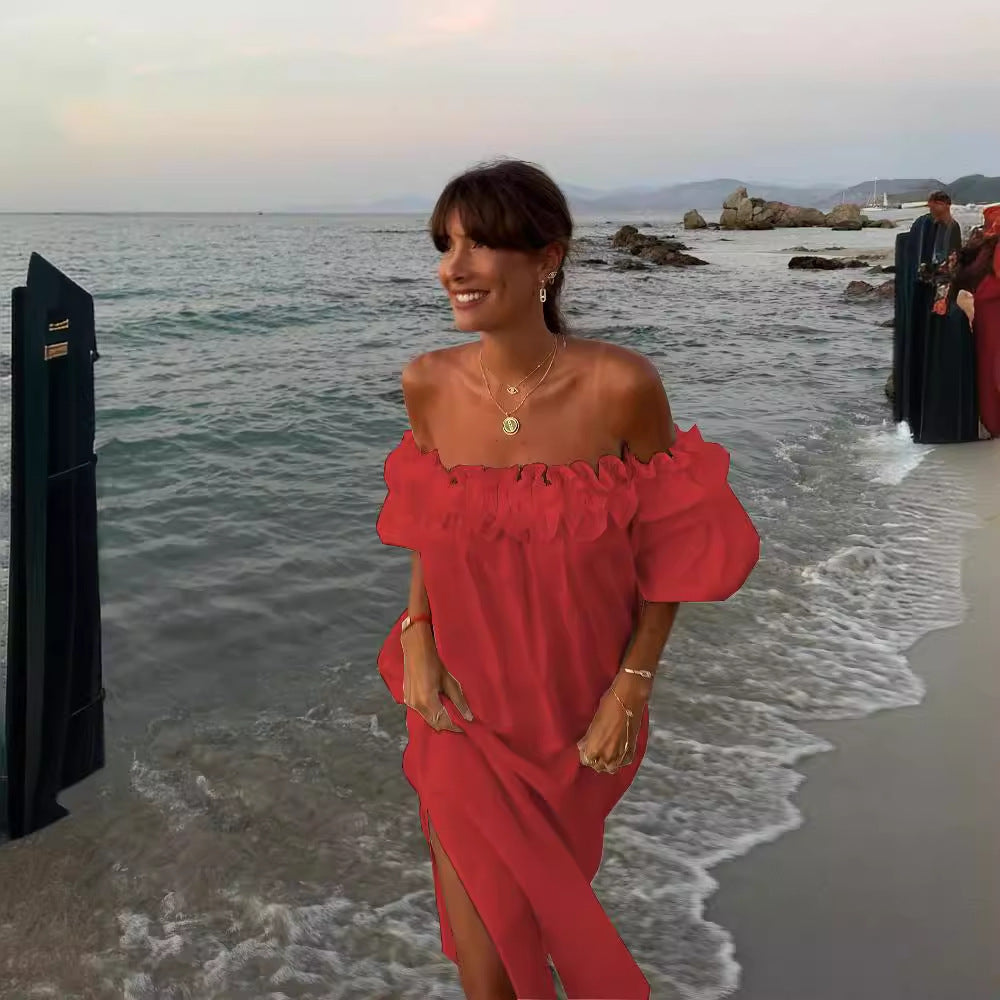Off Shoulder Puff Sleeve High Split Maxi Dress 3