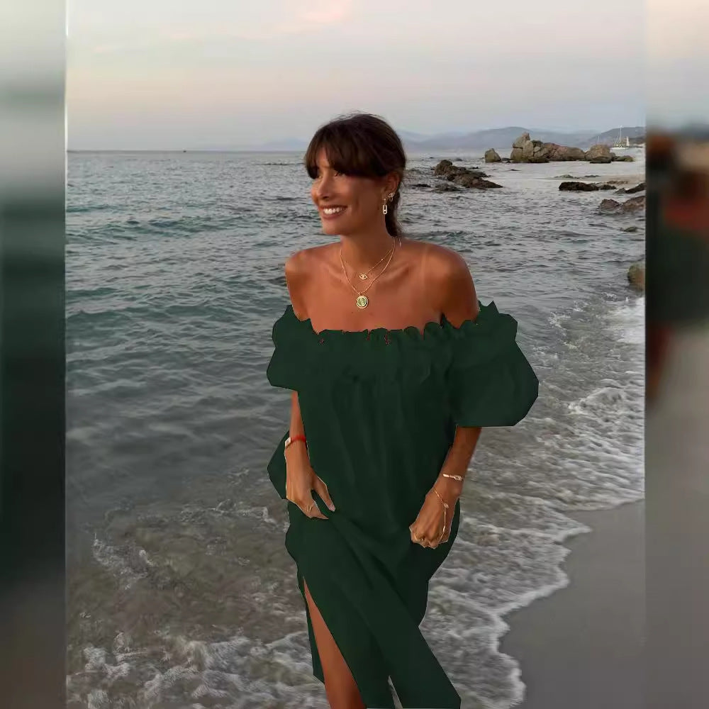 Off Shoulder Puff Sleeve High Split Maxi Dress 4