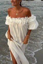 Off Shoulder Puff Sleeve High Split Maxi Dress 14