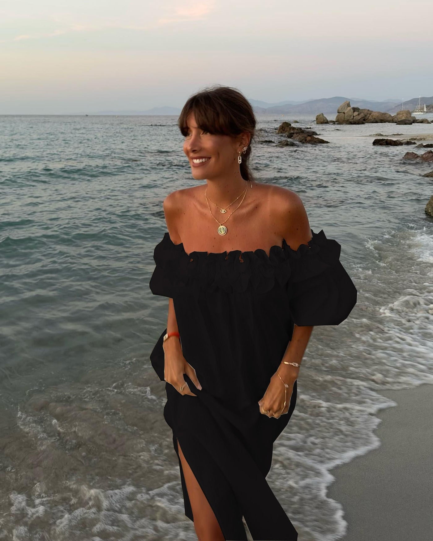 Off Shoulder Puff Sleeve High Split Maxi Dress 20