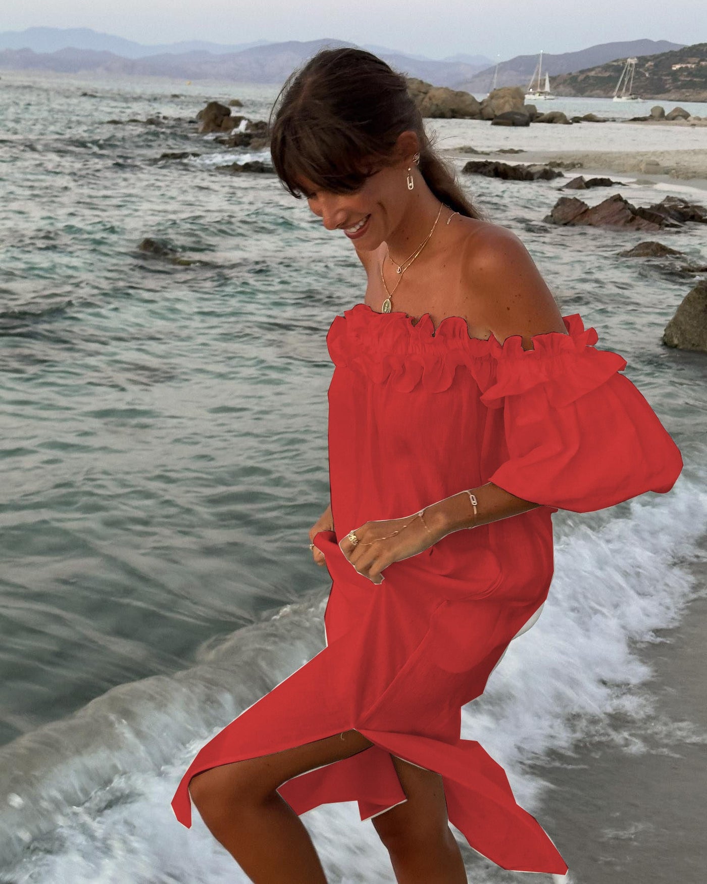 Off Shoulder Puff Sleeve High Split Maxi Dress 22