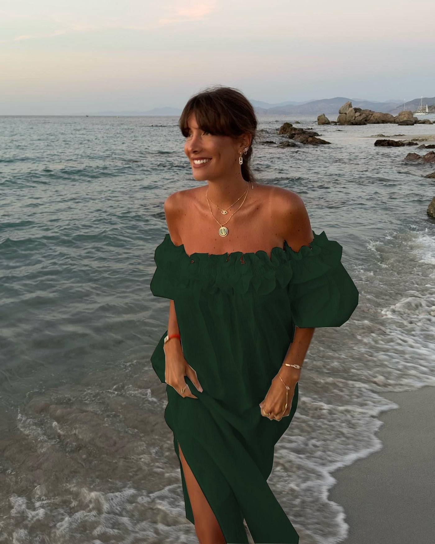 Off Shoulder Puff Sleeve High Split Maxi Dress 24