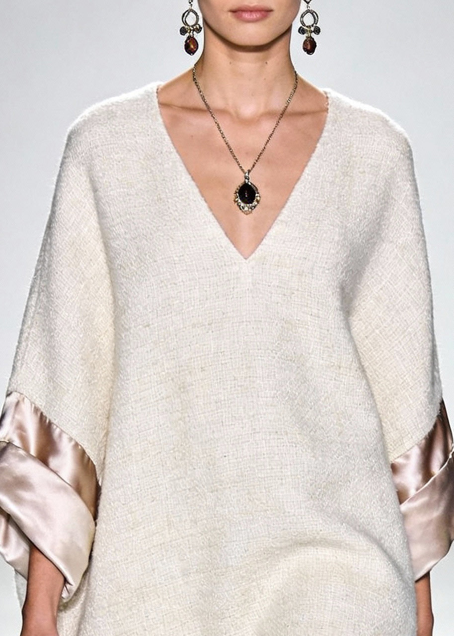V-Neck Satin Turned Up Cuff Boucle Woven Oversized Tunic Mini Dress