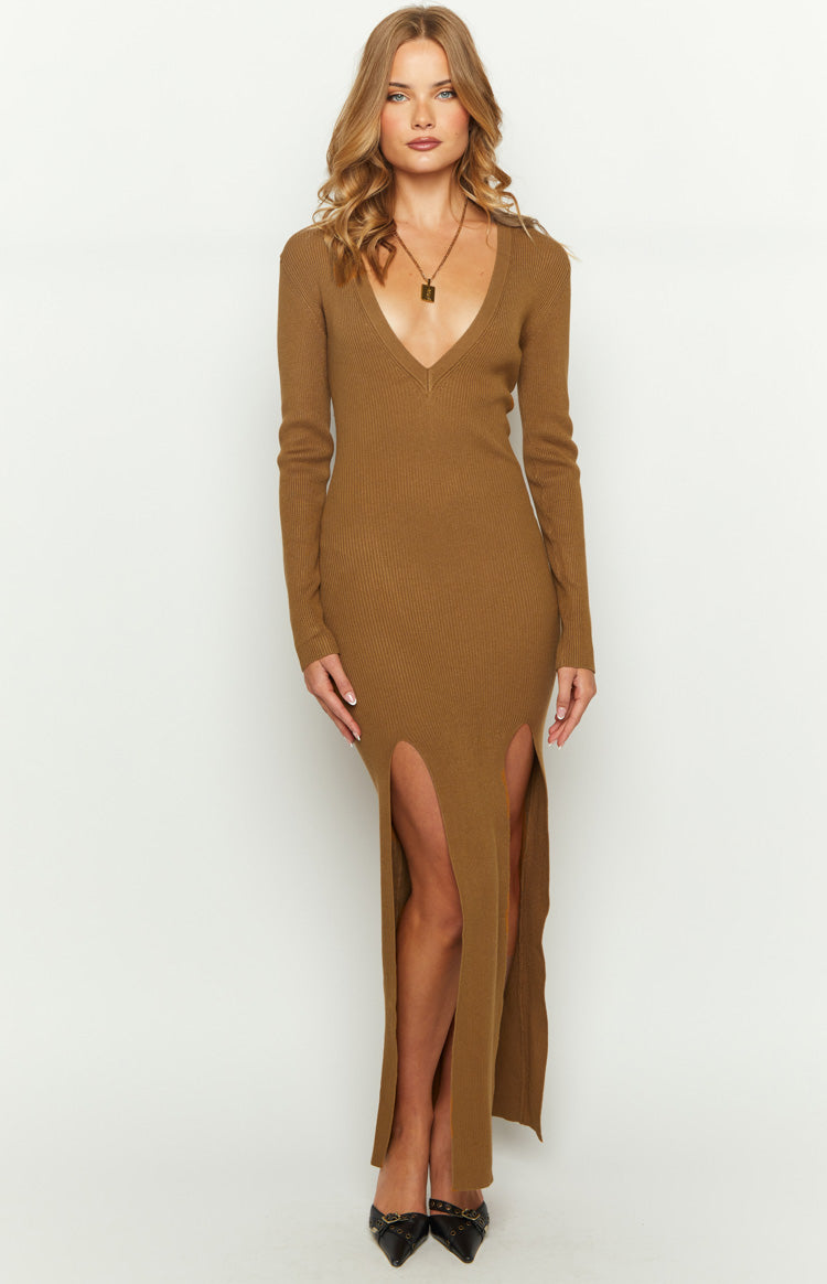 Ribbed Knit V-Neck Long Sleeve Double Split Maxi Dress 3
