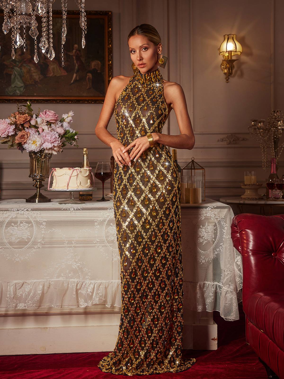 Sequin Crystal Maxi Dress In Gold - View 3