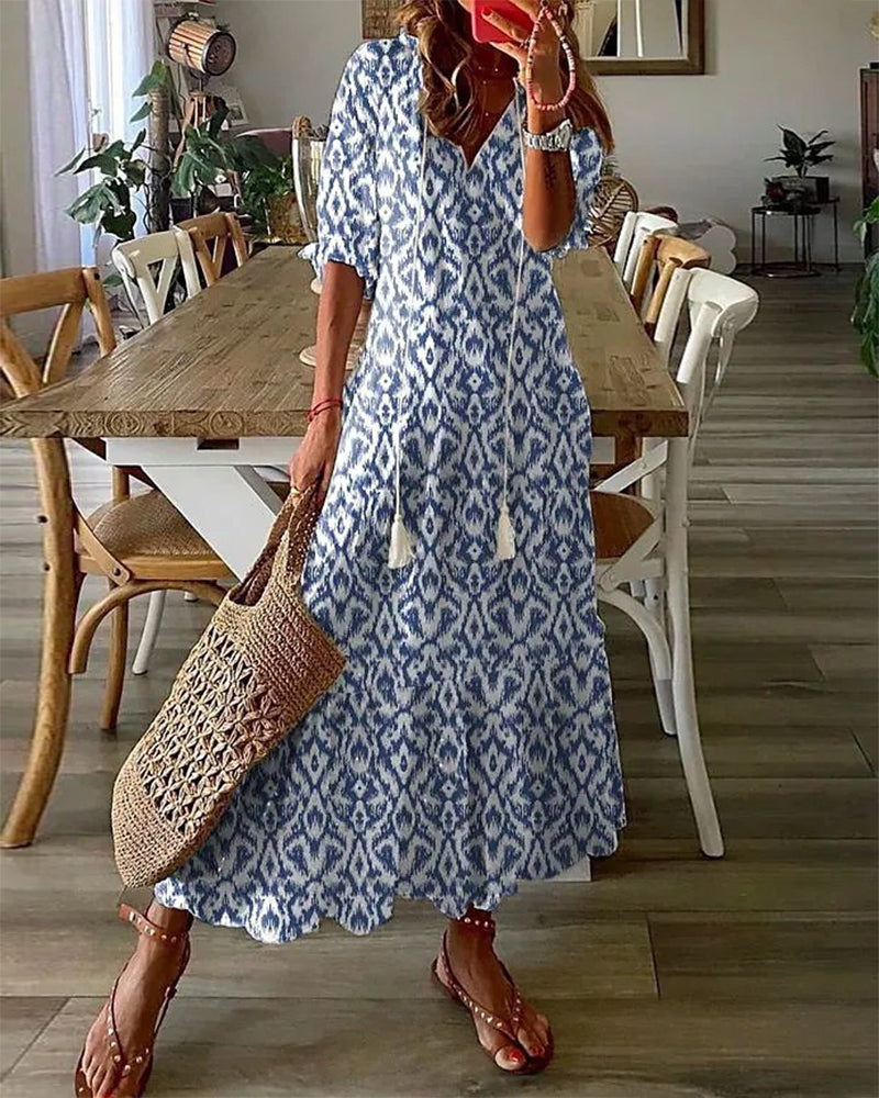 Geometric Print V-Neck Puff Sleeve Tiered Maxi Dress 9