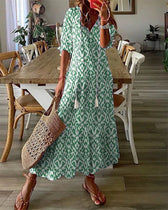 Geometric Print V-Neck Puff Sleeve Tiered Maxi Dress 2