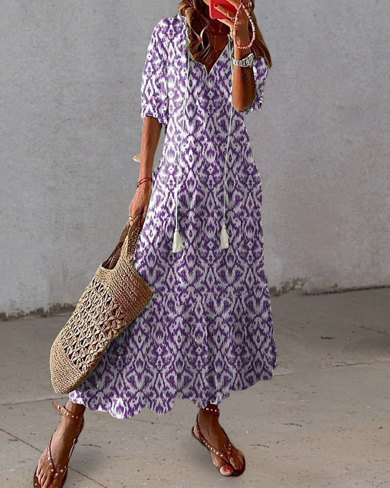Geometric Print V-Neck Puff Sleeve Tiered Maxi Dress 3