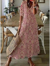Geometric Print V-Neck Puff Sleeve Tiered Maxi Dress 4