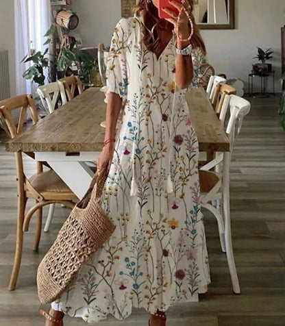 Geometric Print V-Neck Puff Sleeve Tiered Maxi Dress 7