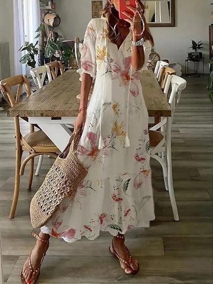 Geometric Print V-Neck Puff Sleeve Tiered Maxi Dress 8