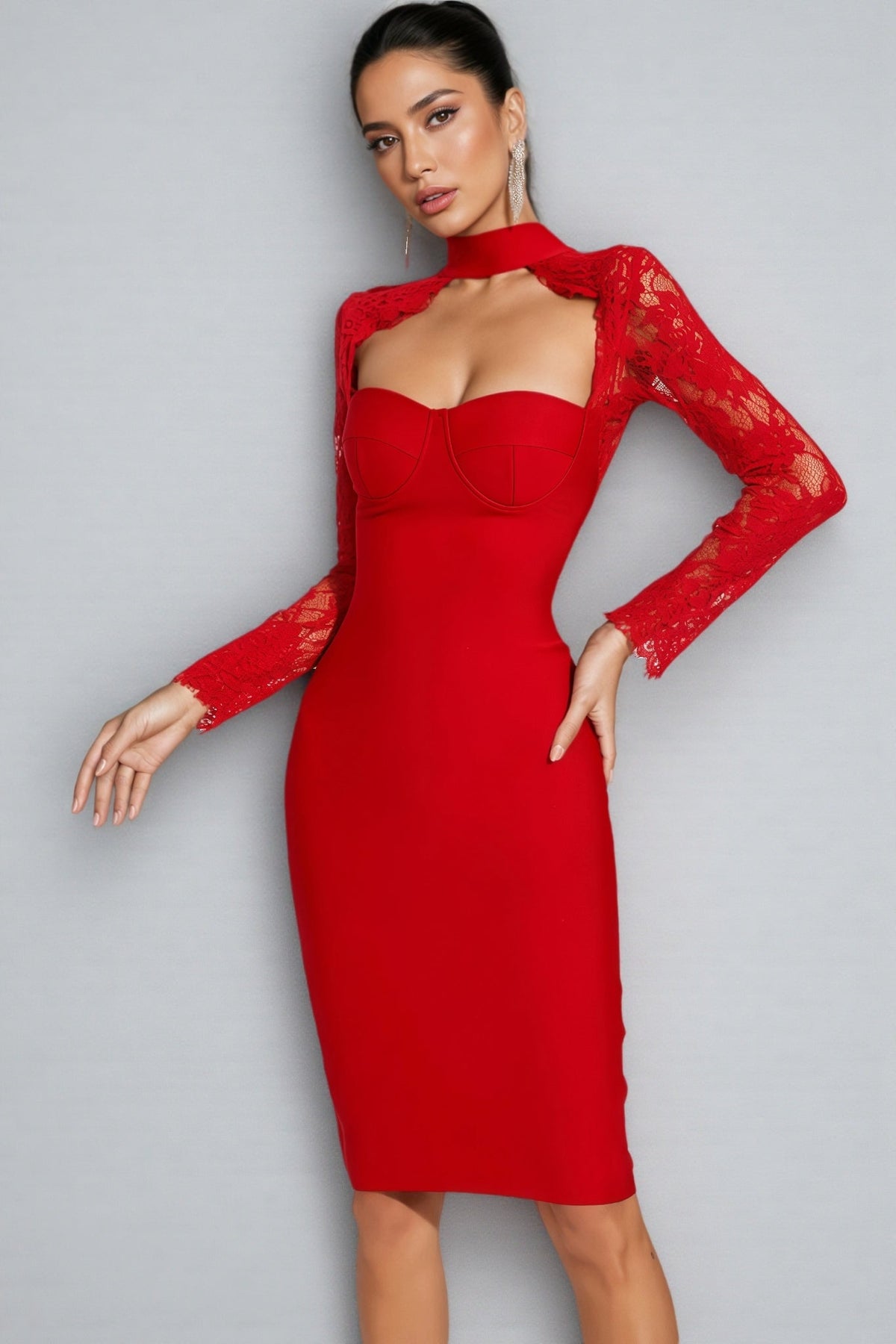 Lace Long Sleeve Mock Neck Cut Out Sweetheart Bodycon Midi Dress 6