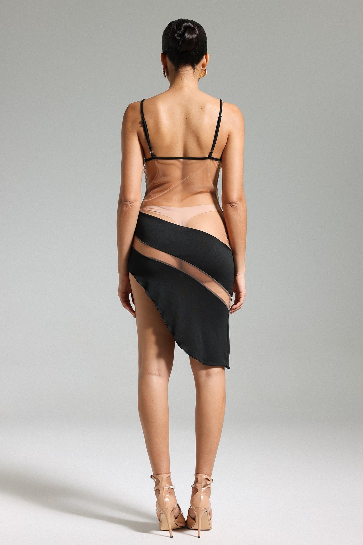 Sheer Mesh Panel Underwire Cup Spaghetti Strap Asymmetric Hem Midi Dress 7