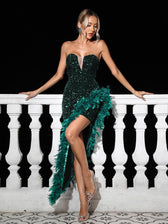 Lois Strapless Sequin Feather Trimmed Maxi Dress In Emerald 5