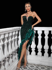 Lois Strapless Sequin Feather Trimmed Maxi Dress In Emerald 6
