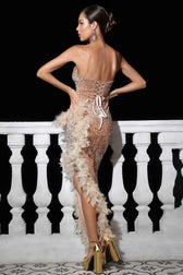 Blaise Gold Strapless Sequin Feather Maxi Dress - View 7