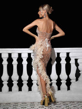 Strapless Sequin Feather Trimmed Maxi Dress In Gold 7