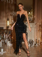 Strapless Sequin Feather Trimmed Maxi Dress In Black
