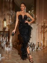 Strapless Sequin Feather Trimmed Maxi Dress In Black 2