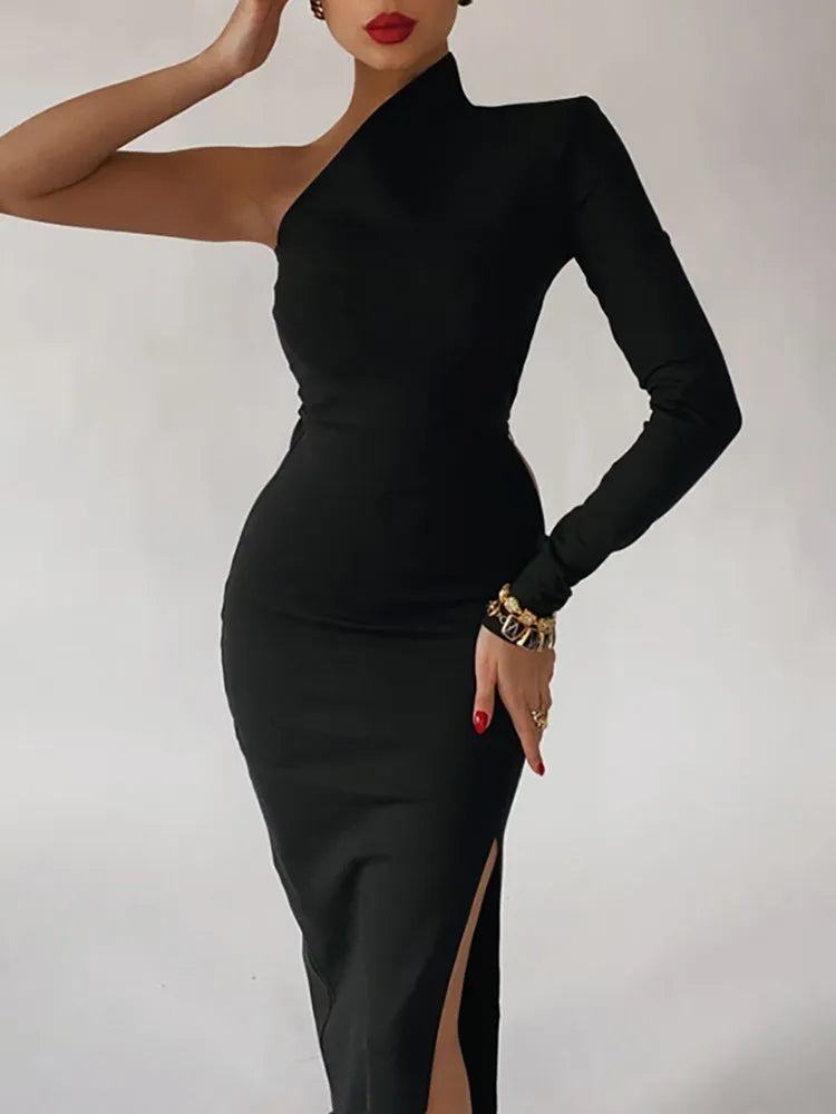 Summer One Shoulder Maxi Chic Black Bodycon Dress