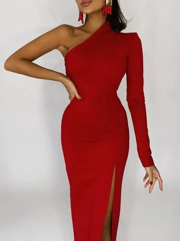 Summer One Shoulder Maxi Chic Black Bodycon Dress