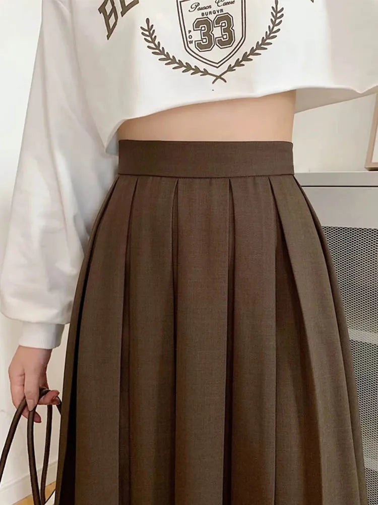 Brown Summer Korean Fashion High Waist Midi Elegant ALine Skirt