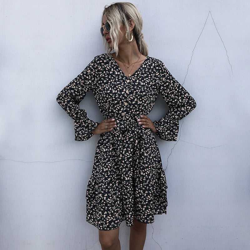 Long Sleeve Floral Chiffon Dress High Waist Black Pleated Dress Spring Autumn Fashion Dress