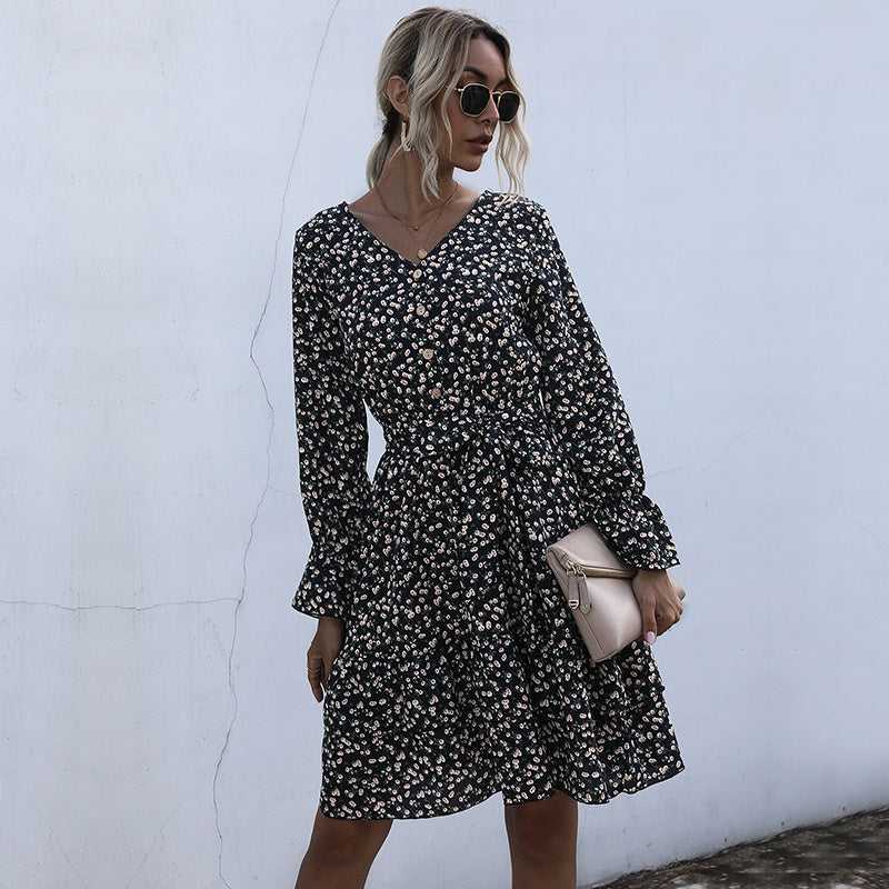 Long Sleeve Floral Chiffon Dress High Waist Black Pleated Dress Spring Autumn Fashion Dress