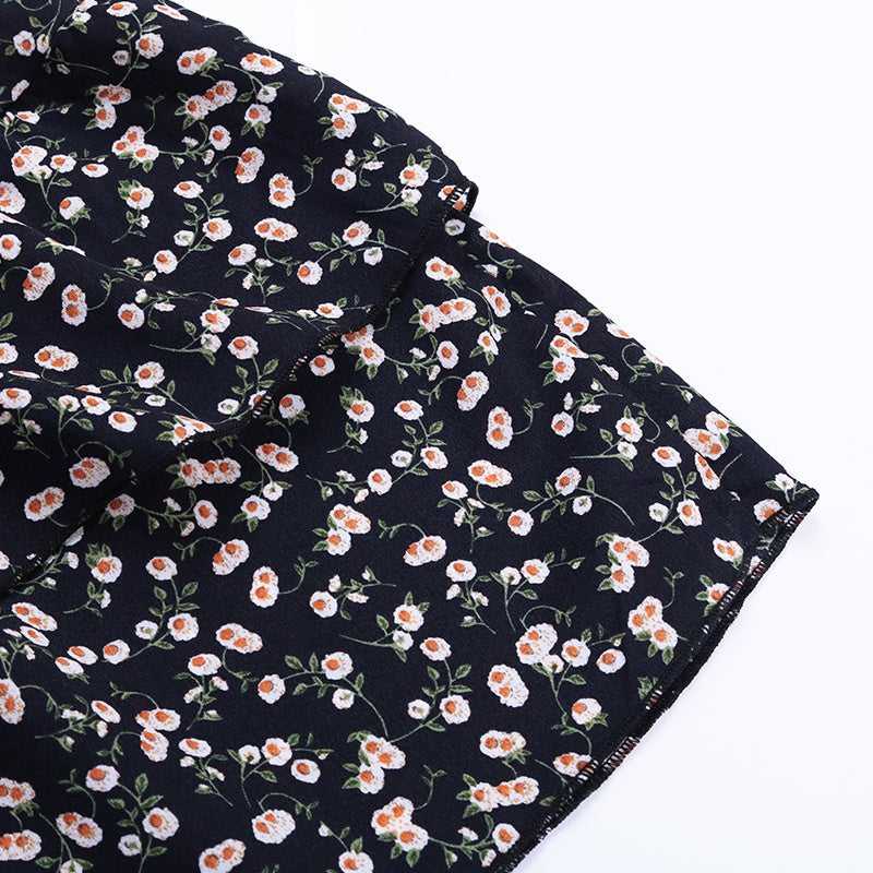 Long Sleeve Floral Chiffon Dress High Waist Black Pleated Dress Spring Autumn Fashion Dress