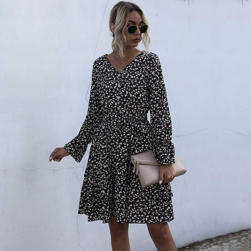 Long Sleeve Floral Chiffon Dress High Waist Black Pleated Dress Spring Autumn Fashion Dress