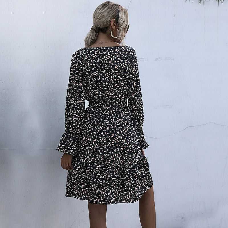 Long Sleeve Floral Chiffon Dress High Waist Black Pleated Dress Spring Autumn Fashion Dress