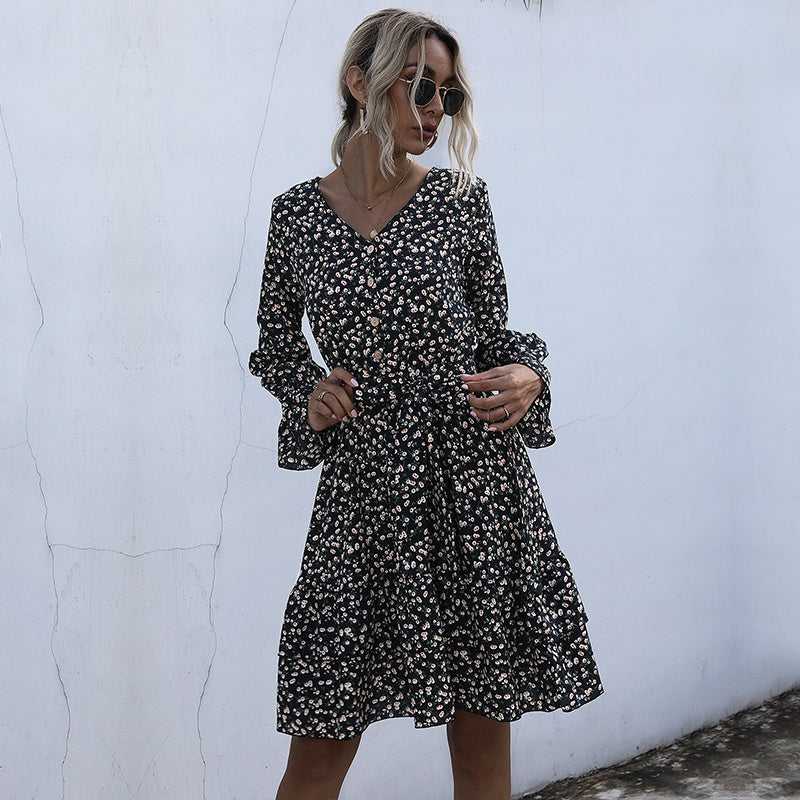 Long Sleeve Floral Chiffon Dress High Waist Black Pleated Dress Spring Autumn Fashion Dress