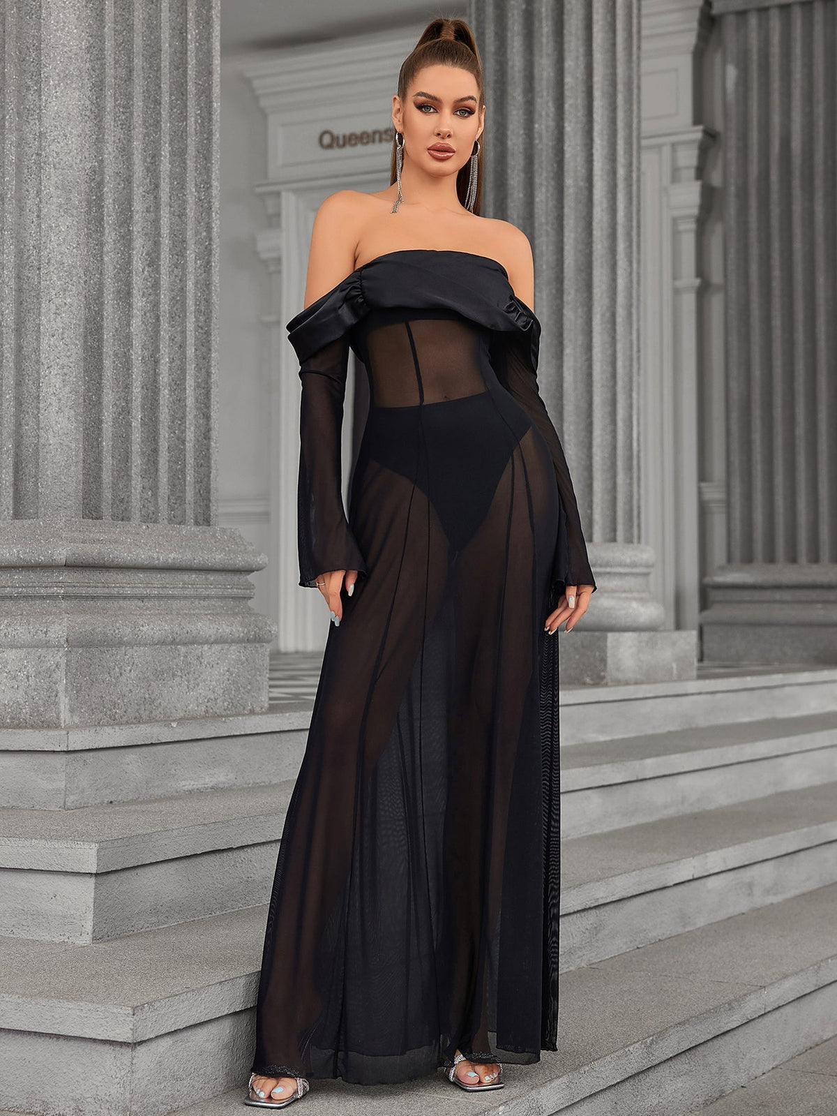 Off Shoulder Long Sleeve Satin Trim Sheer Mesh Maxi Dress