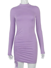 Long Sleeve Ruched Turtleneck Bandage Autumn Black Stretchy Midi Dresses