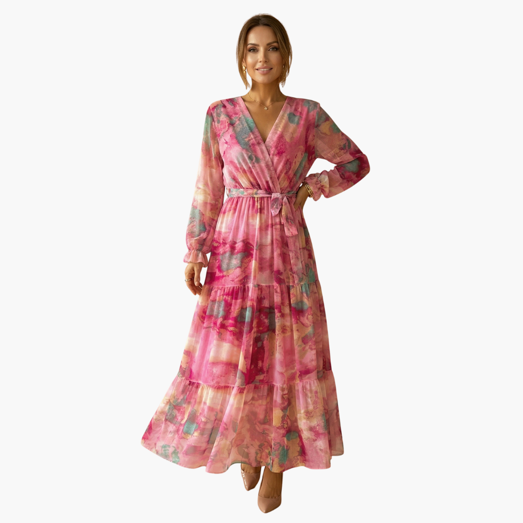 Floral Chiffon V-Neck Long Sleeve Tiered Maxi Dress 2