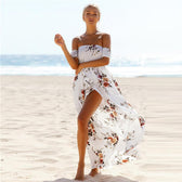 Floral Off Shoulder Smocked High Split Maxi Dress Summer