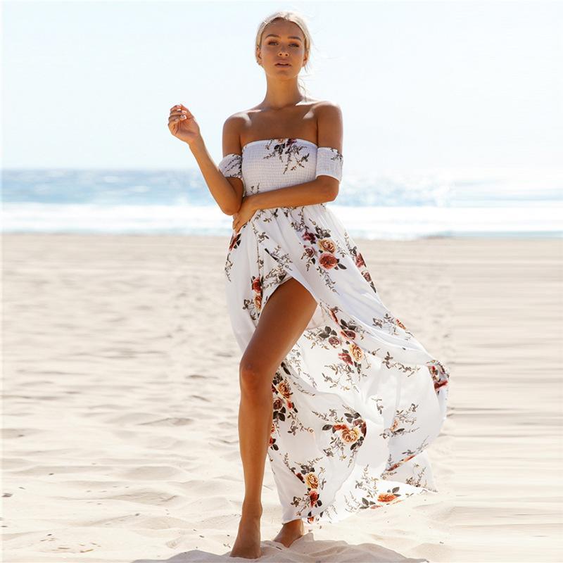 Floral Off Shoulder Smocked High Split Maxi Dress Summer