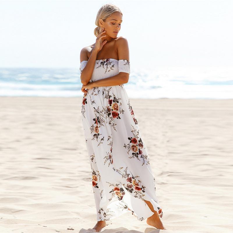 Floral Off Shoulder Smocked High Split Maxi Dress Summer 5