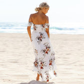 Floral Off Shoulder Smocked High Split Maxi Dress Summer 6